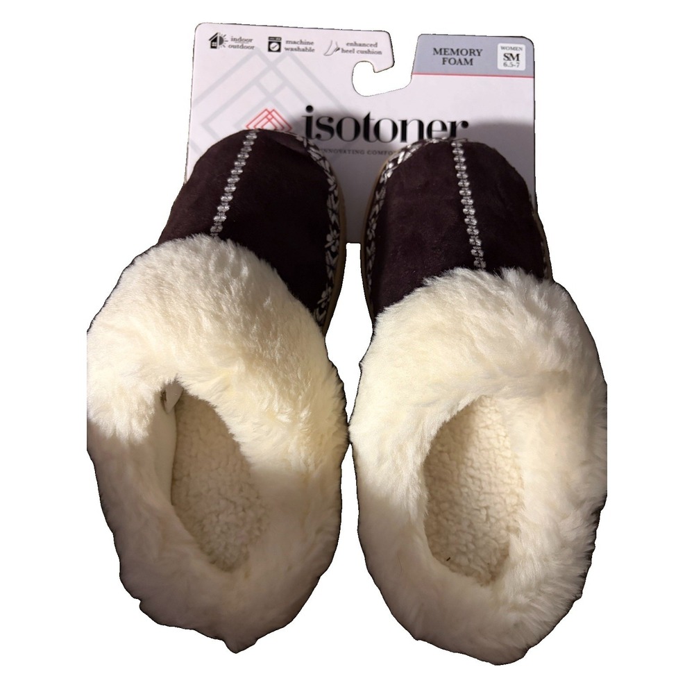 Isotoner Womens Memory Foam Slippers SM 6.5-7 Raisin Faux Fur Indoor Outdoor NWT